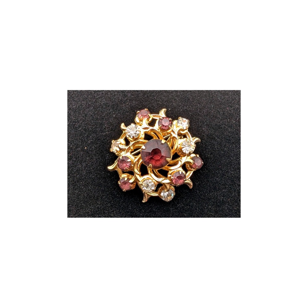 Vintage Coro Brooch Gold Tone Ruby Red Pink Clear Rhinestone Sunburst 1.25"
